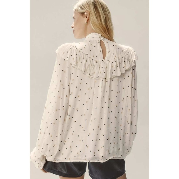 Anthropologie Queens of Archive Polka Dot Ruffle Blouse Long Sleeve Ivory L NWT - Picture 3 of 16